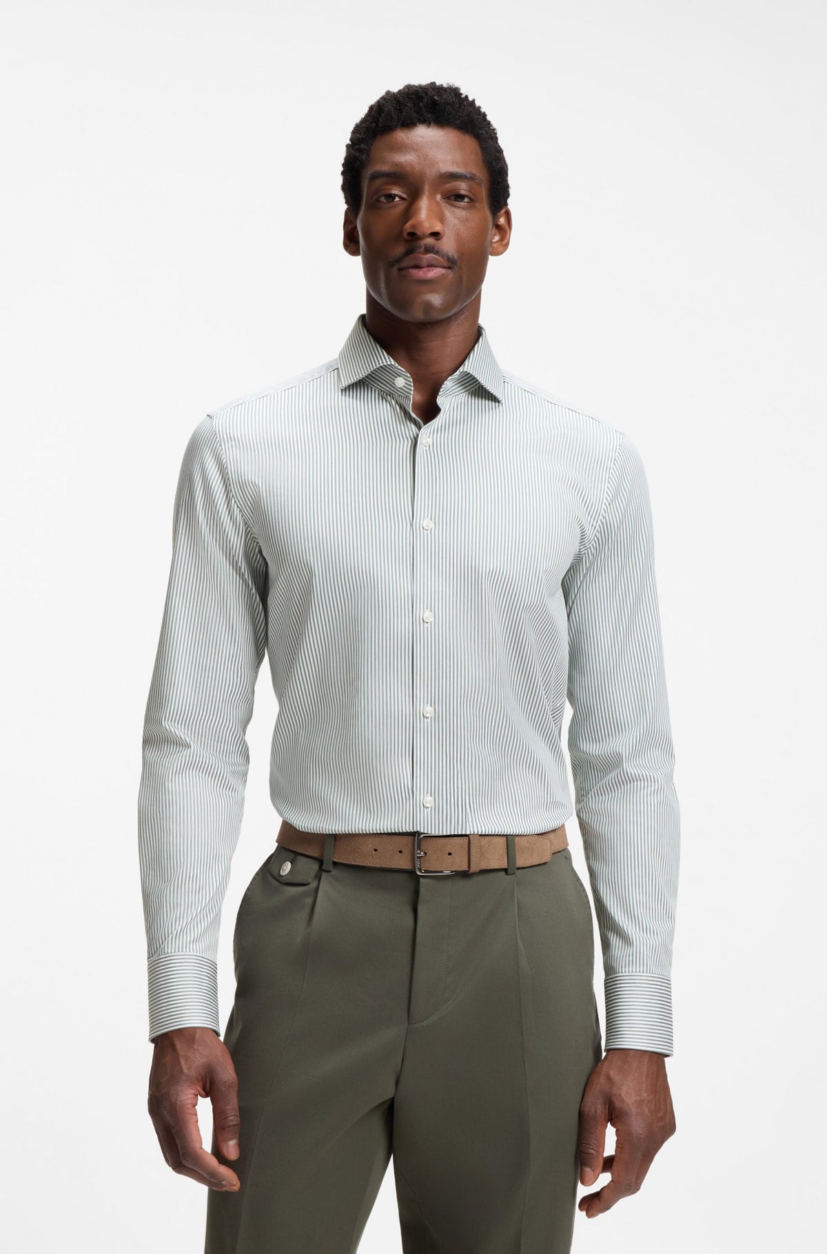 Boss Slim-fit shirt in easy-iron striped stretch cotton - Green