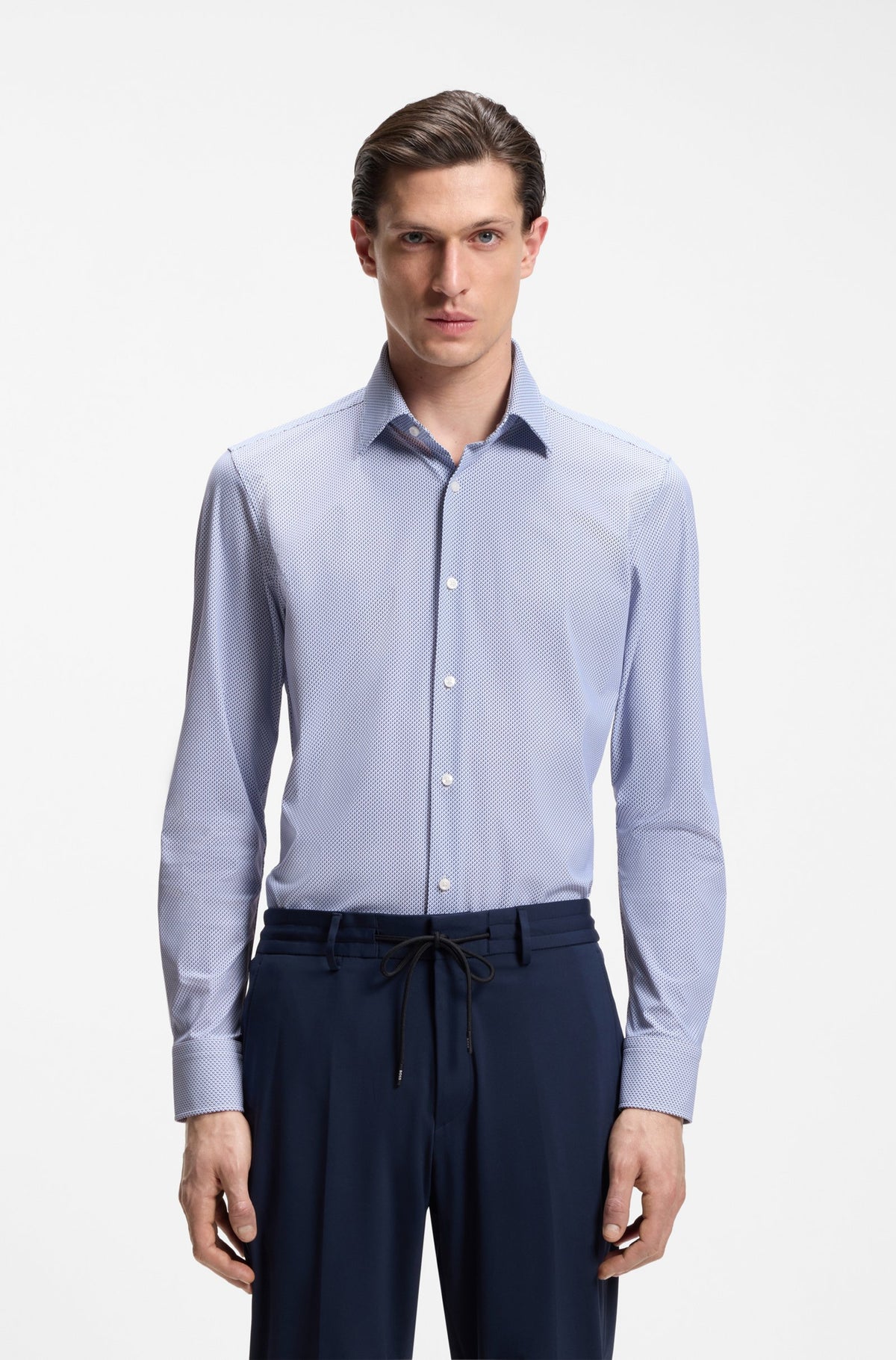 Boss Slim-fit shirt in printed performance-stretch fabric - Blue
