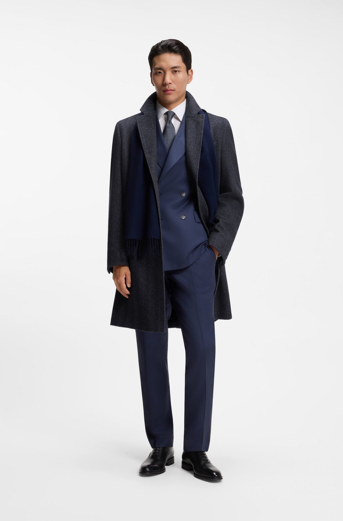 Boss Regular-fit coat in herringbone wool with cashmere - Dark Blue