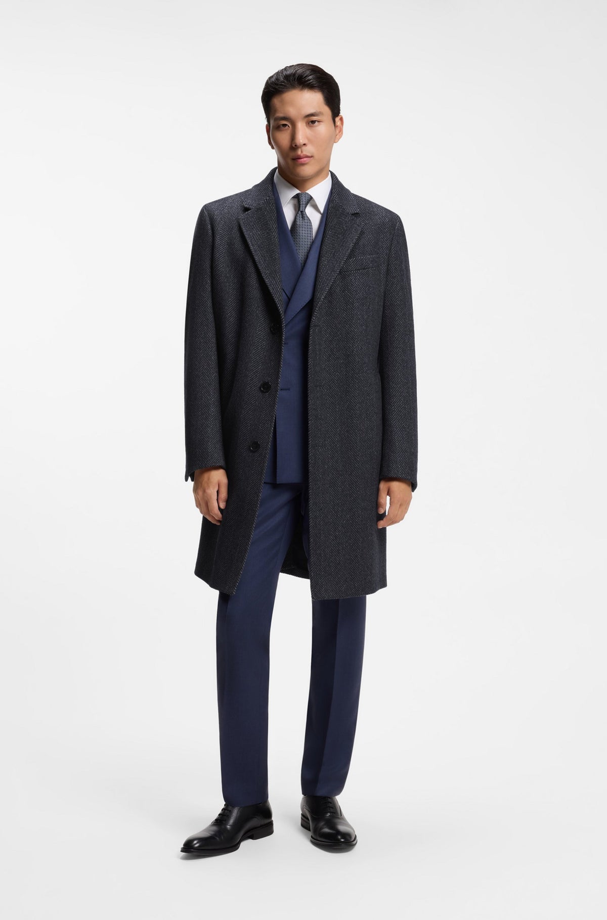 Boss Regular-fit coat in herringbone wool with cashmere - Dark Blue
