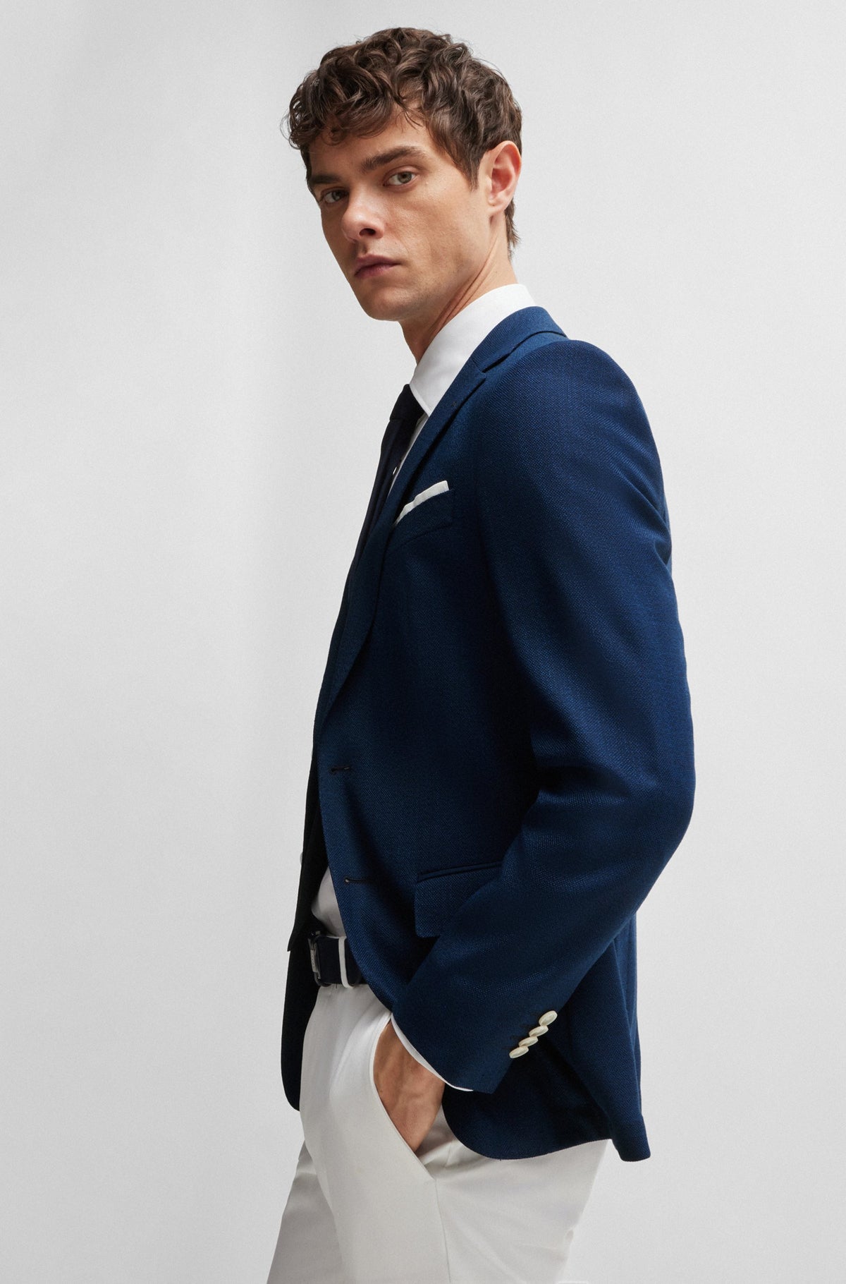 Boss Slim-Fit Jacket in a Hopsack-Weave Wool Blend - Navy