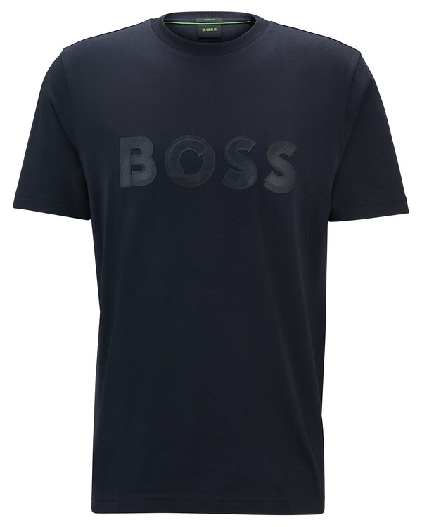 Boss Stretch-Cotton Short-Sleeved T-Shirt with Logo Artwork - Navy Blue