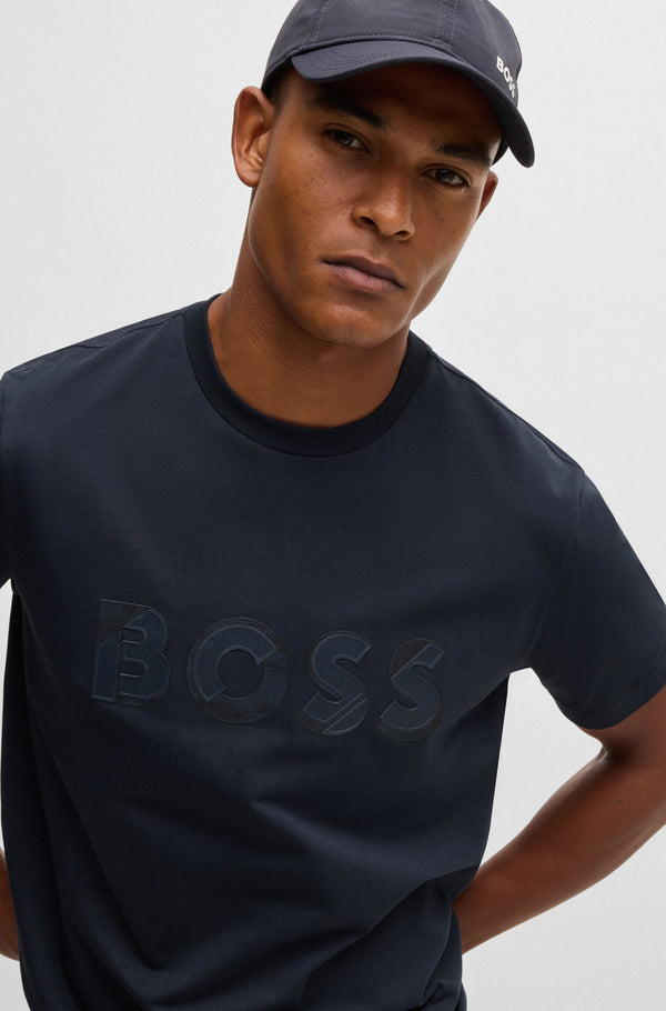 Boss Stretch-Cotton Short-Sleeved T-Shirt with Logo Artwork - Navy Blue