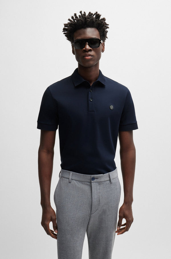 Boss Mercerized-Cotton Polo Shirt with Double Monogram - Blue