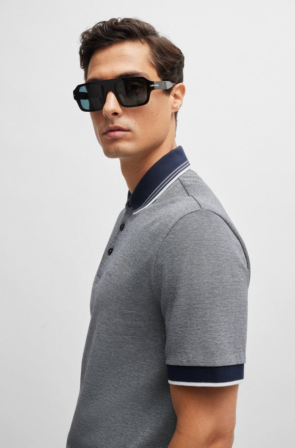 Boss Oxford-Cotton-Piqué Polo Shirt with Logo Detail - Blue