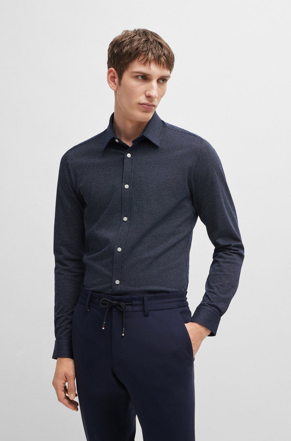 Boss Slim-Fit Shirt in Structured Cotton Jersey - Navy