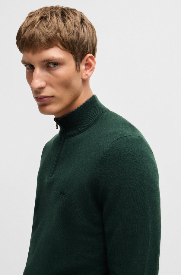 Boss Virgin-Wool Regular-Fit Sweater with Embroidered Logo - Green