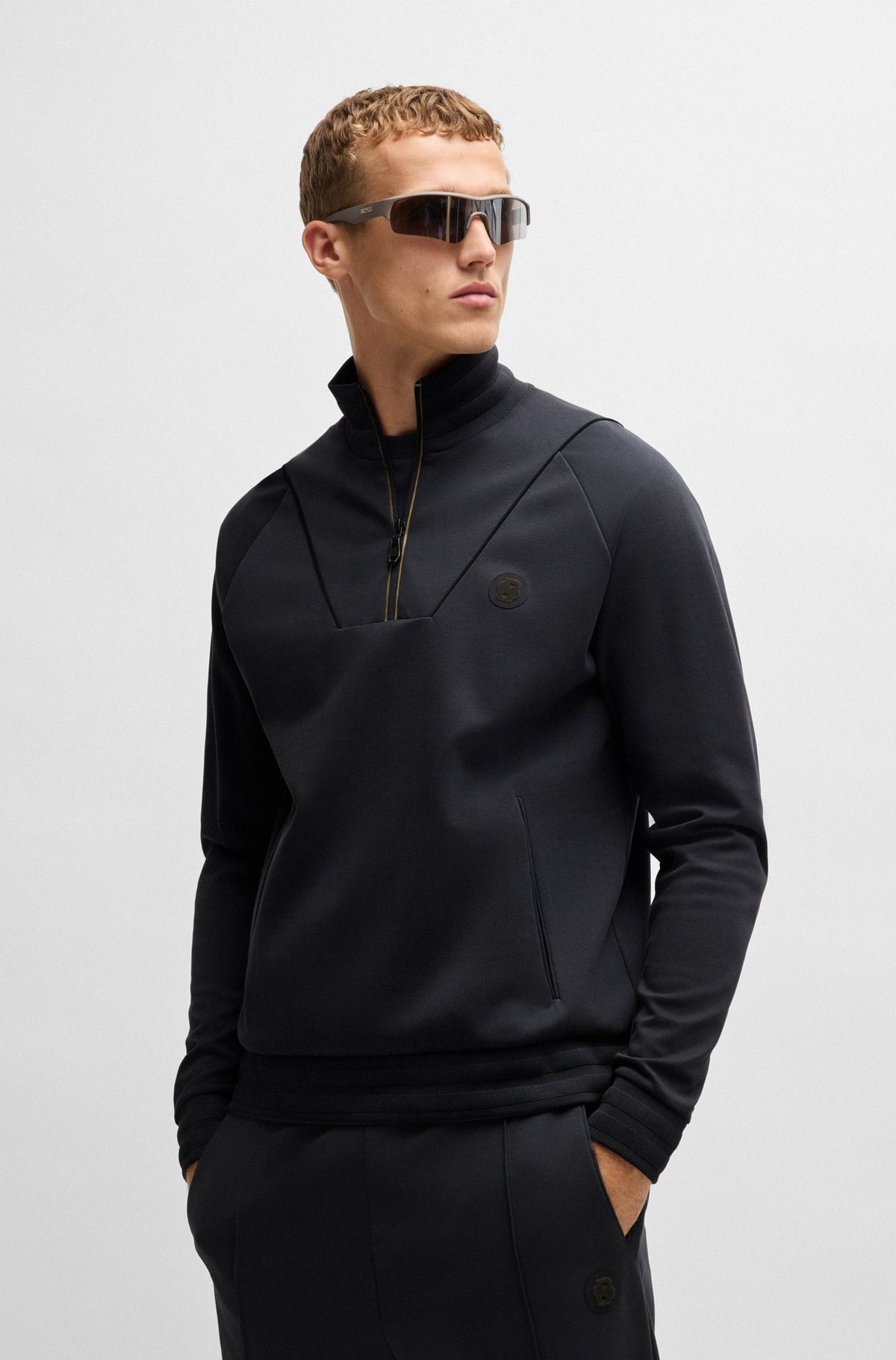 Boss Cotton-blend zip-neck sweatshirt with Double B monogram - Blue