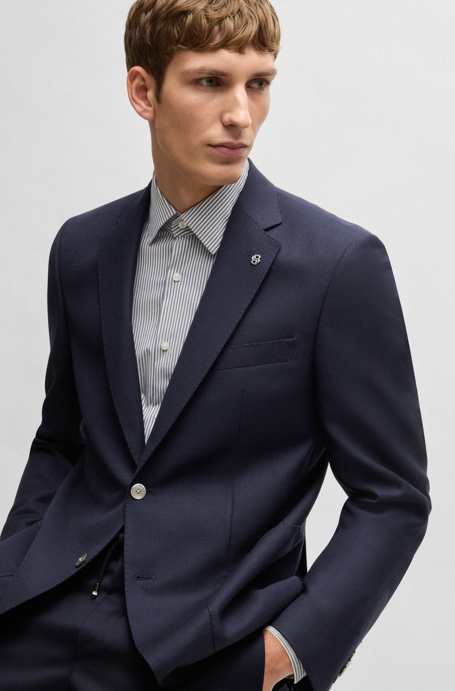 BOSS Regular Fit Micro-Patterned Virgin Wool Suit Jacket – Blue