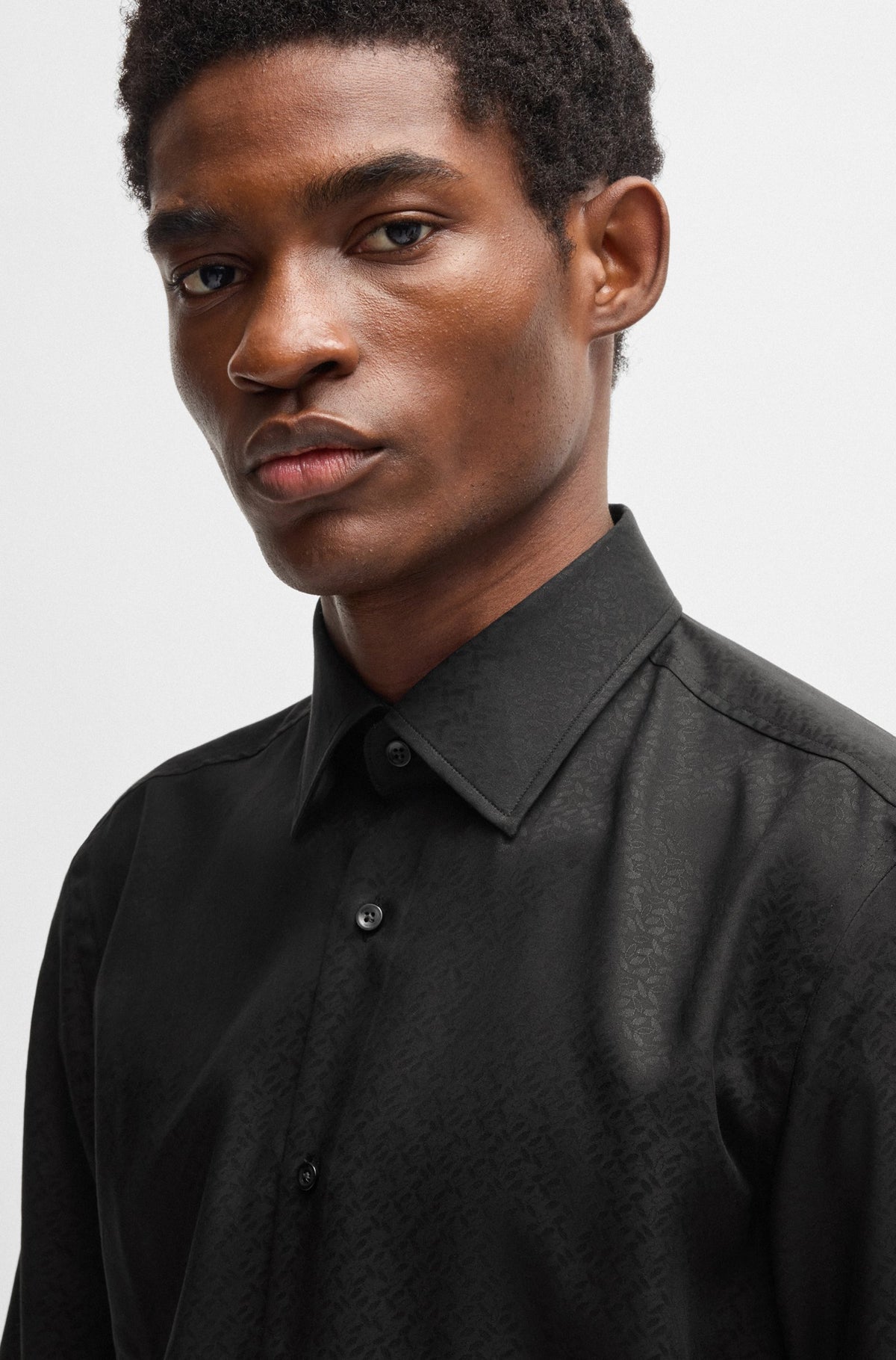 Boss Slim-fit shirt with leaf jacquard - Black