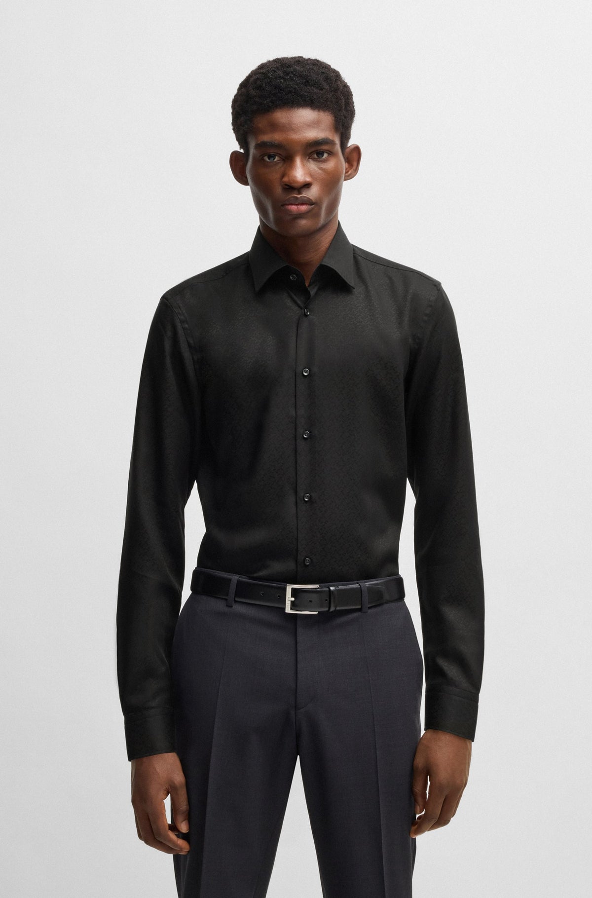 Boss Slim-fit shirt with leaf jacquard - Black