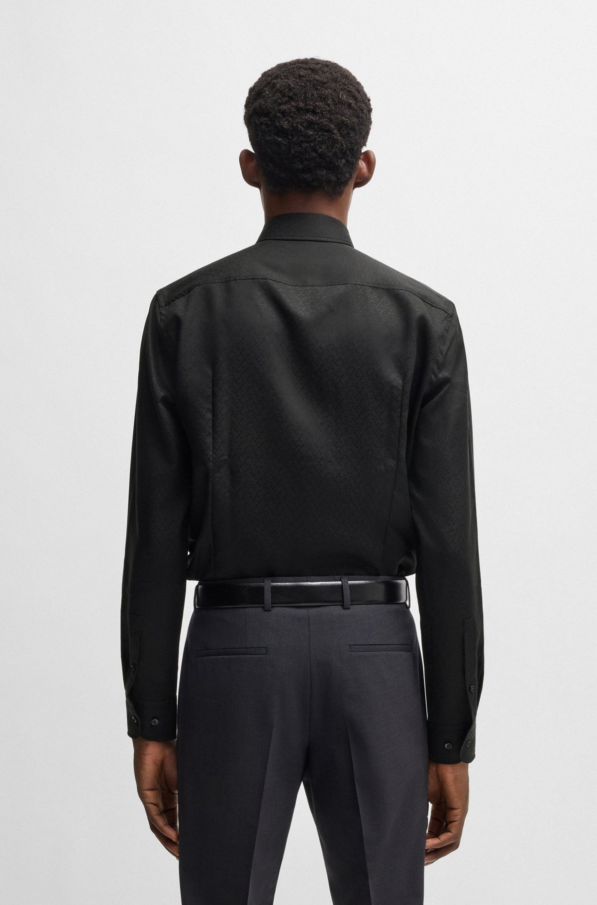 Boss Slim-fit shirt with leaf jacquard - Black