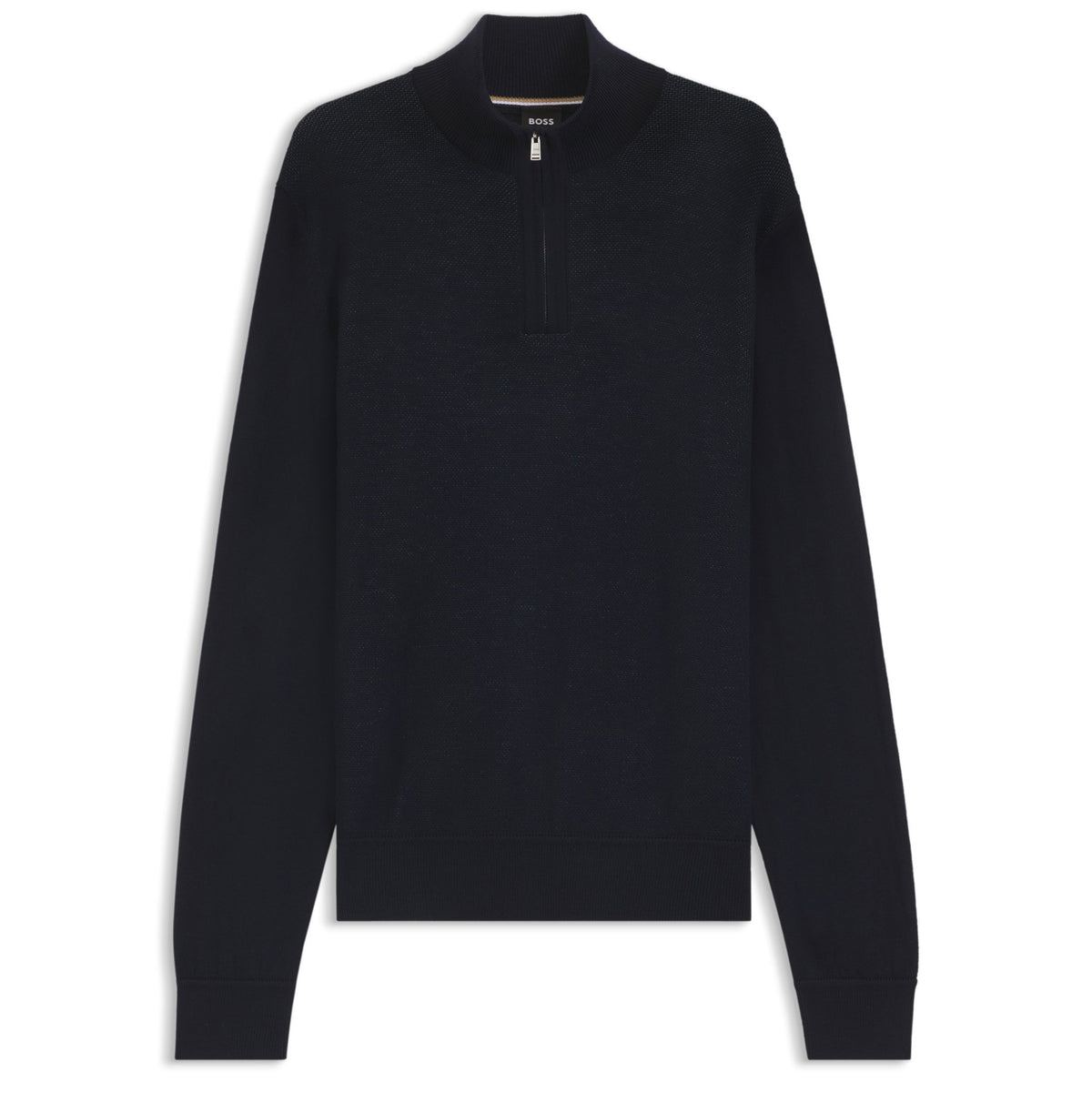 Boss Zip-neck sweater with structured wool-cotton front - Navy
