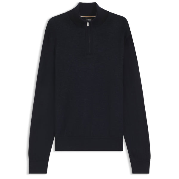 Boss Zip-neck sweater with structured wool-cotton front - Navy