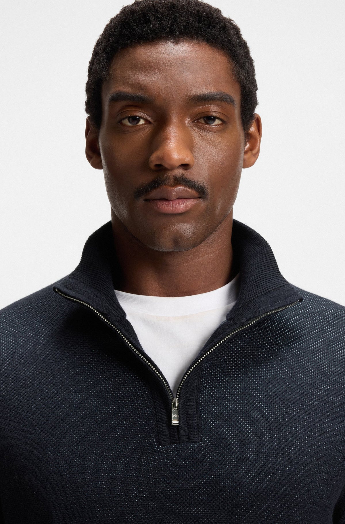 Boss Zip-neck sweater with structured wool-cotton front - Navy