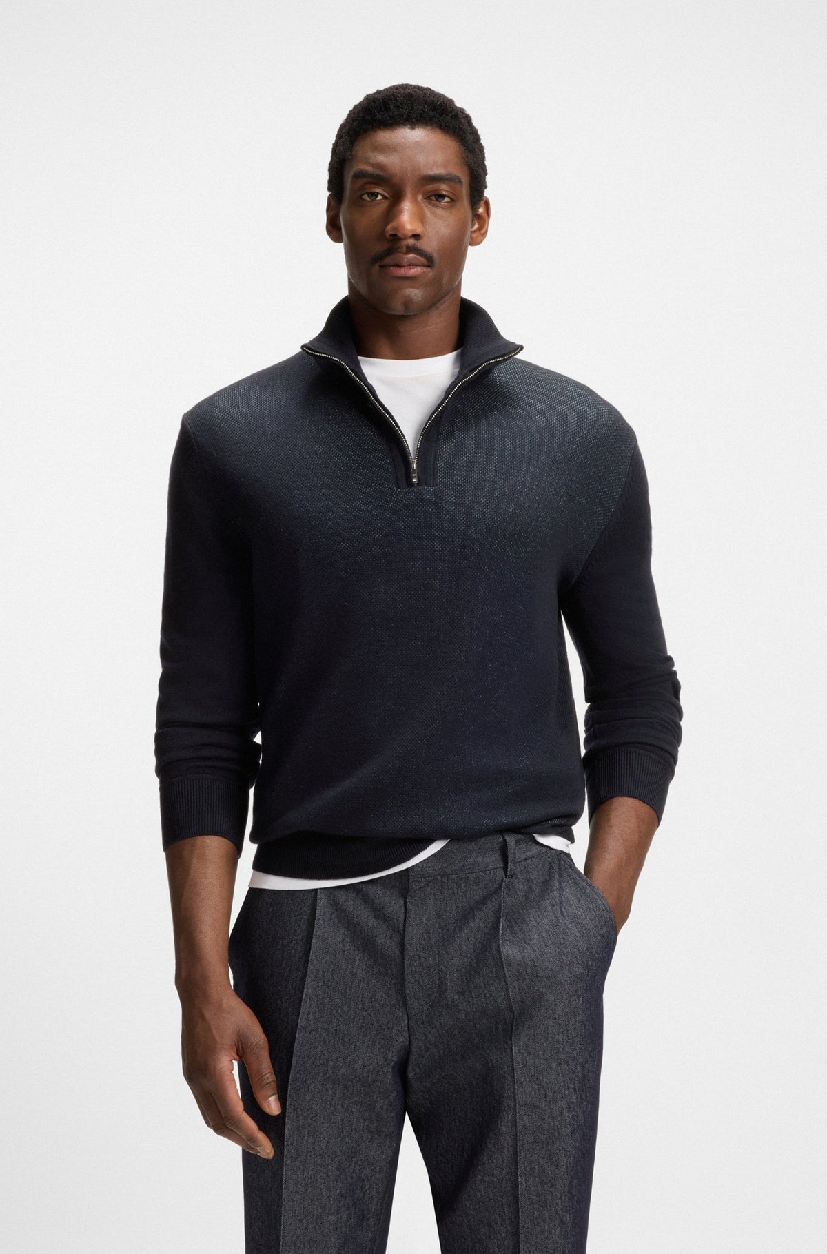 Boss Zip-neck sweater with structured wool-cotton front - Navy