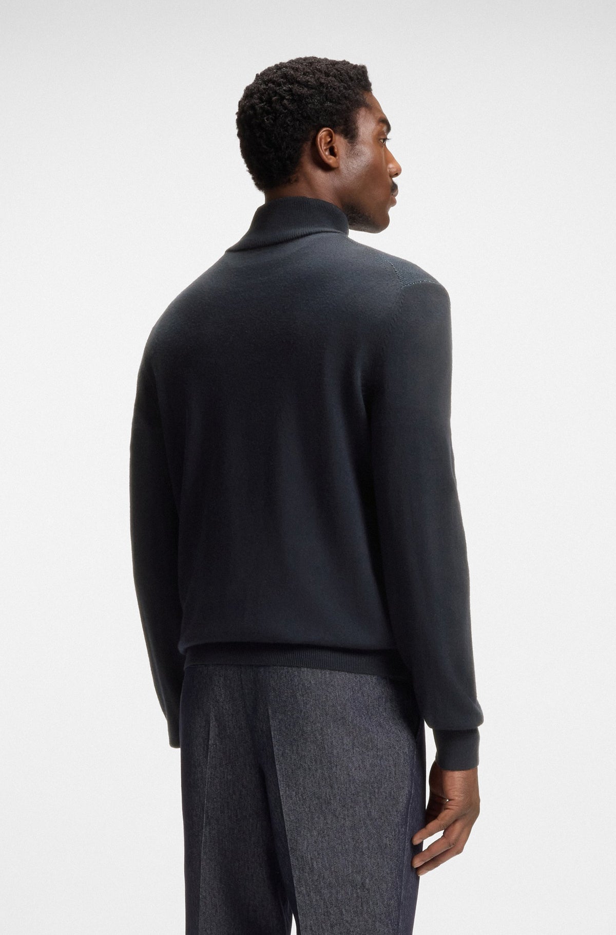 Boss Zip-neck sweater with structured wool-cotton front - Navy