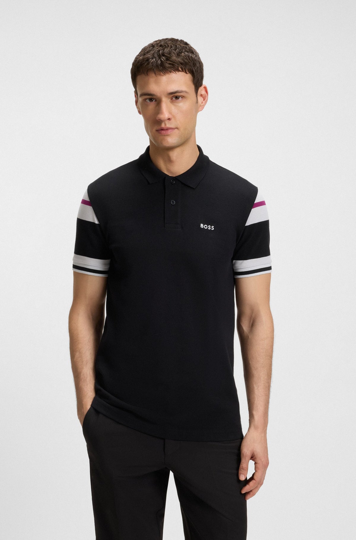 Boss Slim-fit polo shirt in cotton with block stripes - Black