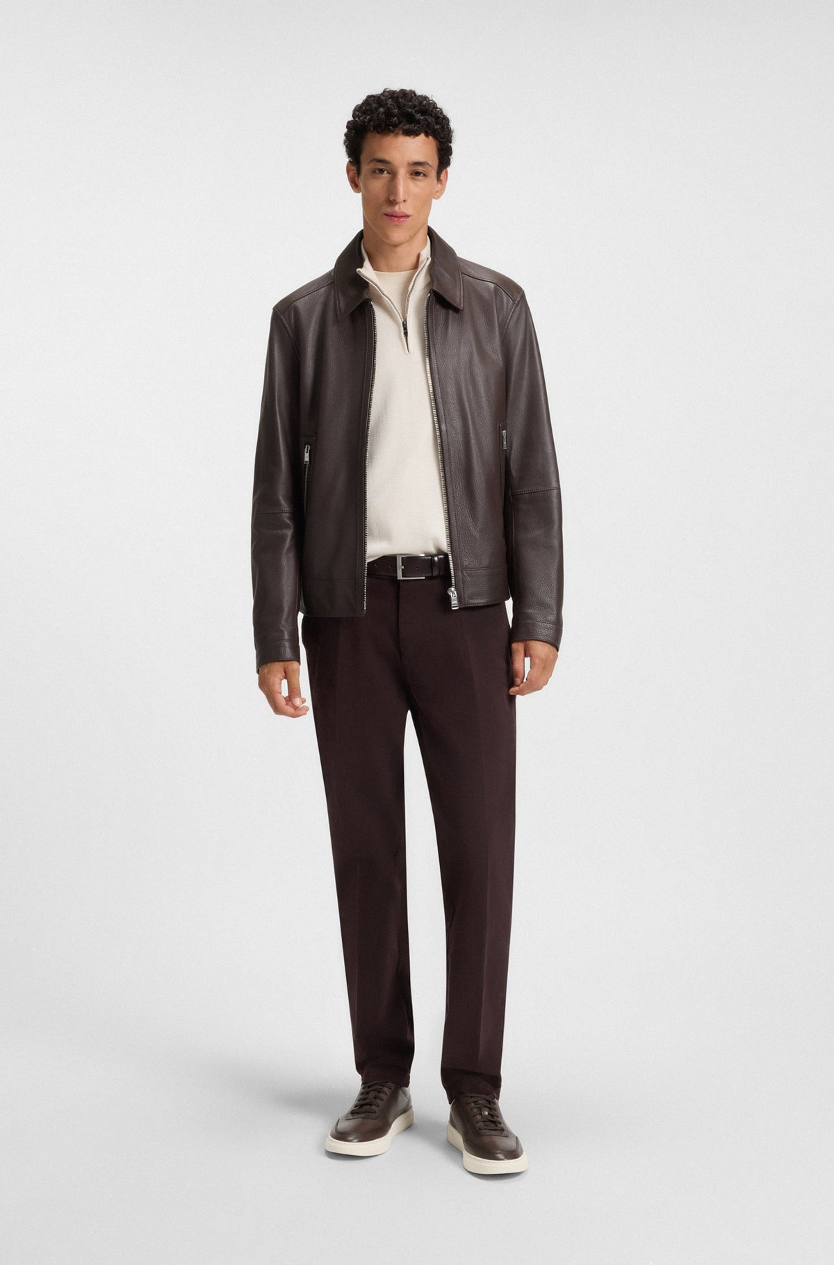 Boss Leather trainers with contrast rubber outsole - Brown