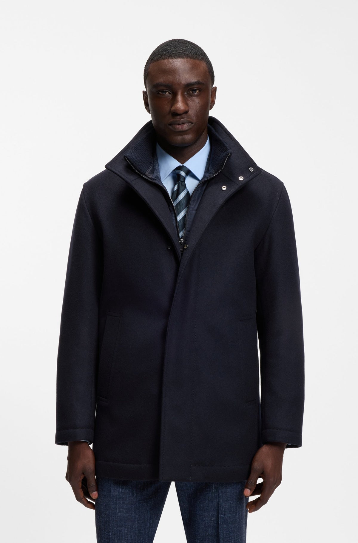 Boss formal coat in Italian fabric with a stand collar - Blue