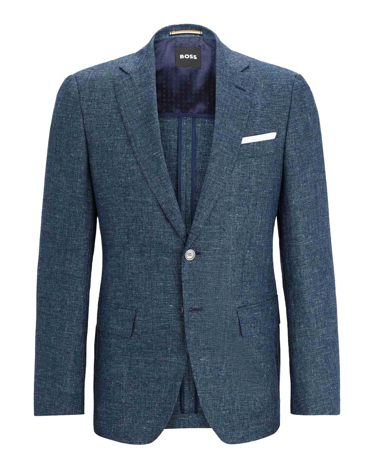 Boss Patterned Virgin Wool and Linen Slim-Fit Jacket - Navy