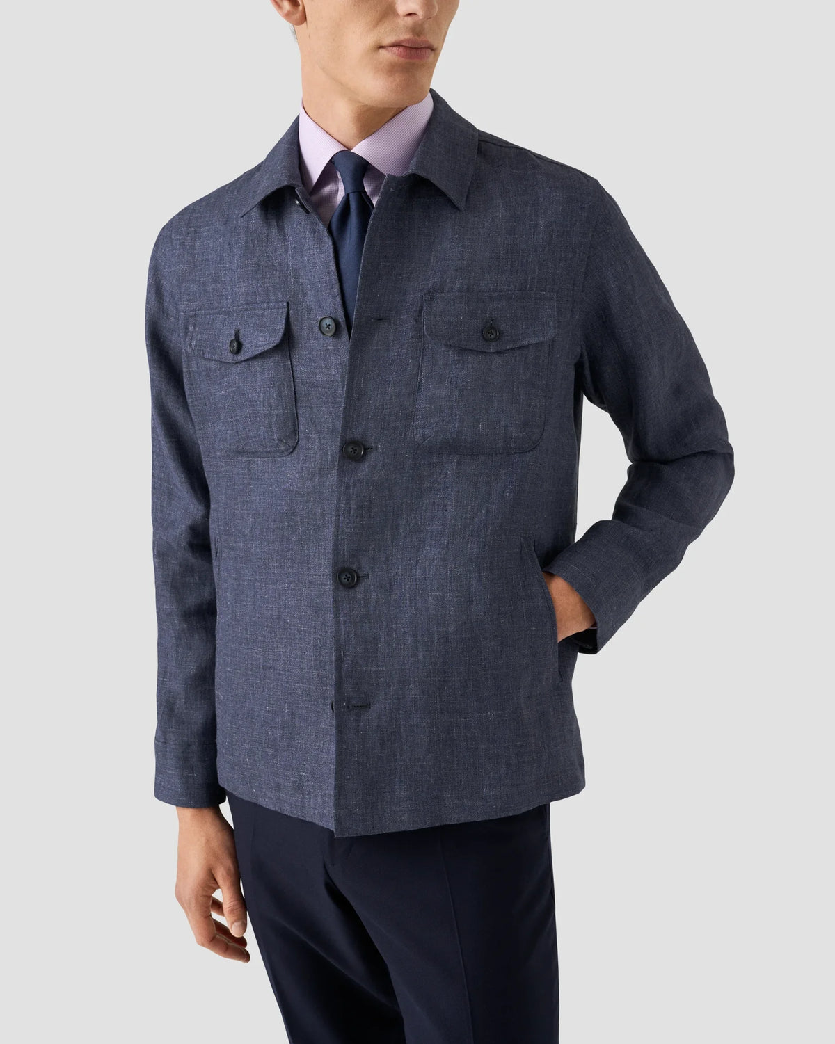 Eton Four Pocket Linen Overshirt - Navy Blue