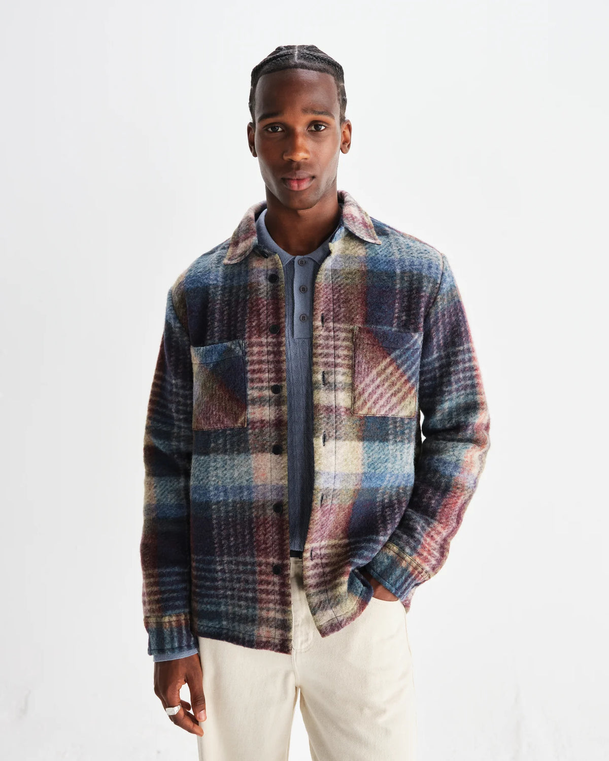 Wax London Whiting Overshirt Wool Blend Check Blue/Multi