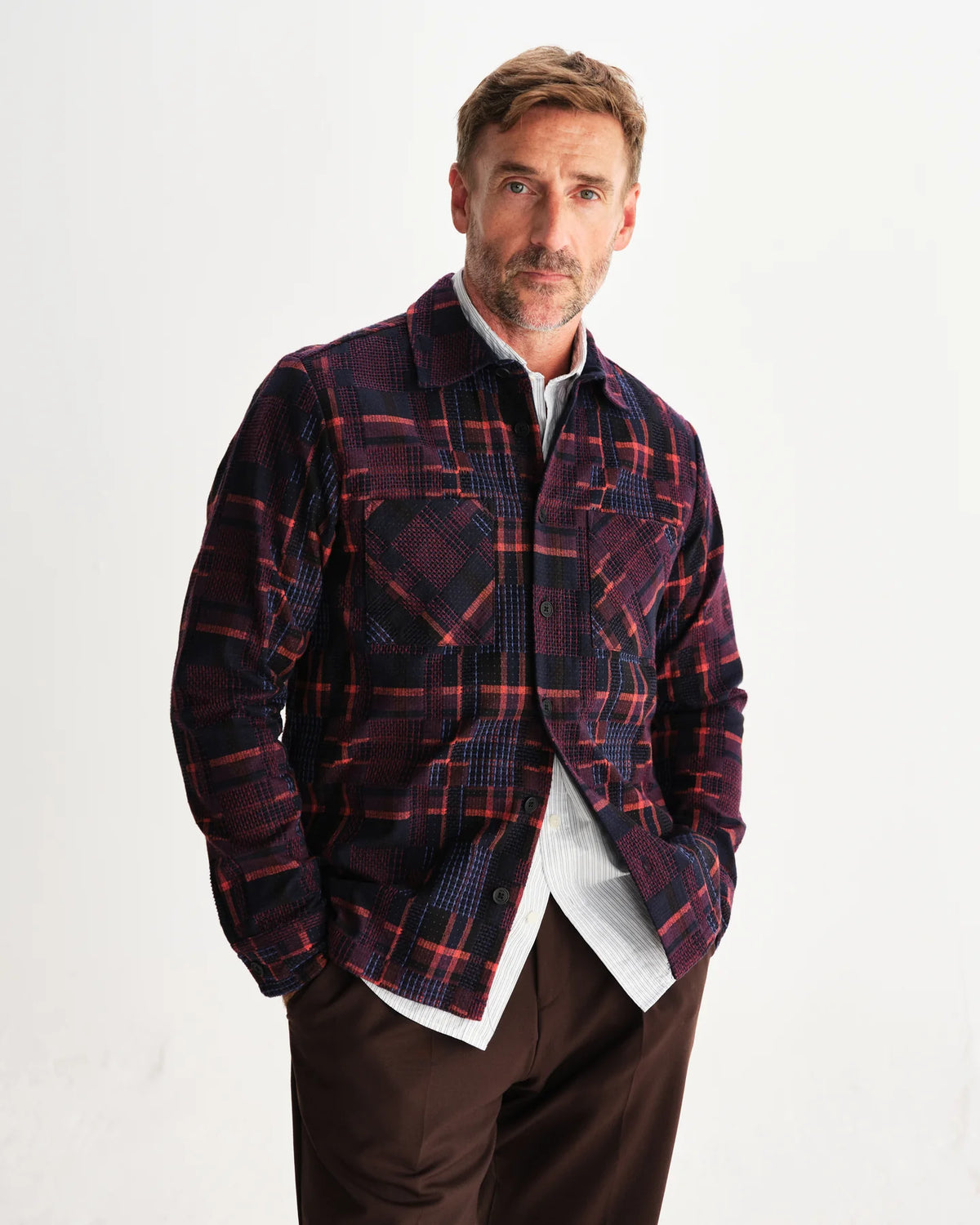 Wax London Whiting Overshirt Glitch Check - Burgundy