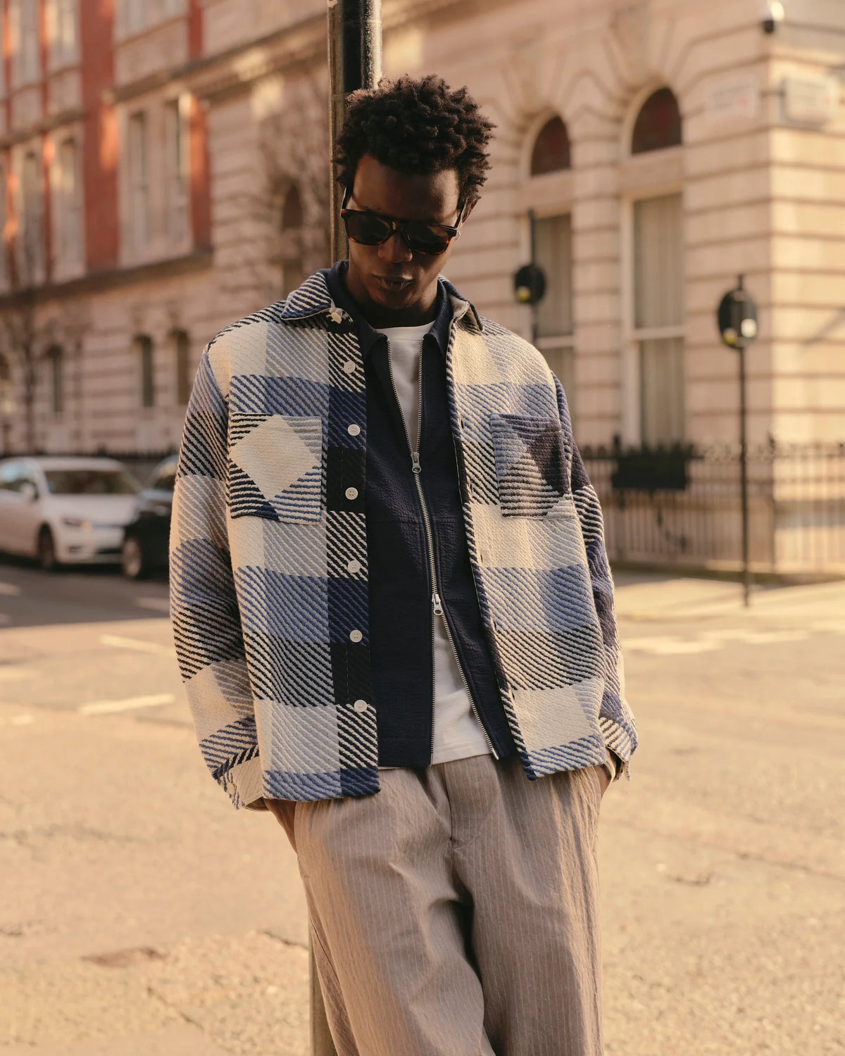 Wax London Whiting Navy And Ecru Block Check Overshirt - Navy