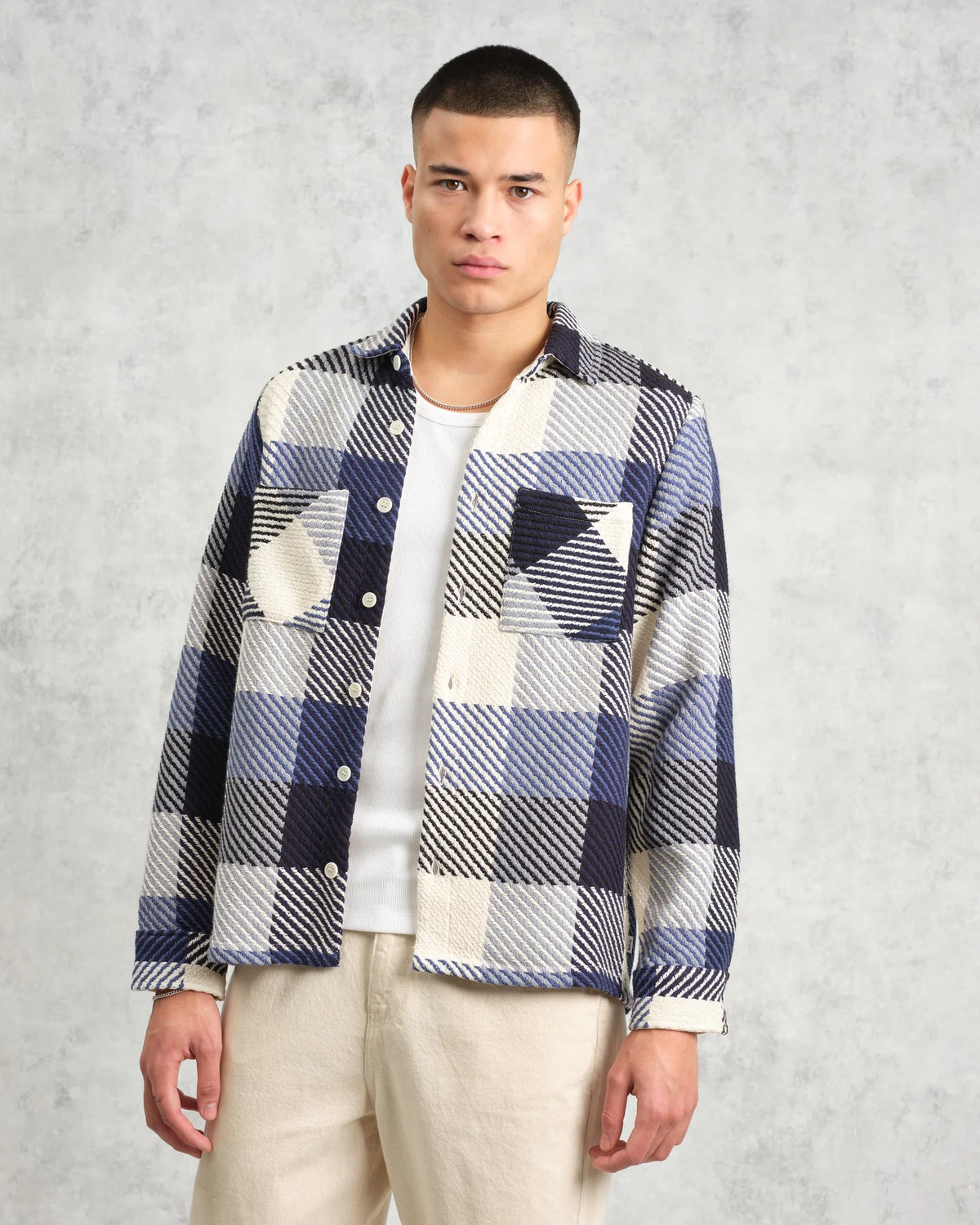 Wax London Whiting Navy And Ecru Block Check Overshirt - Navy