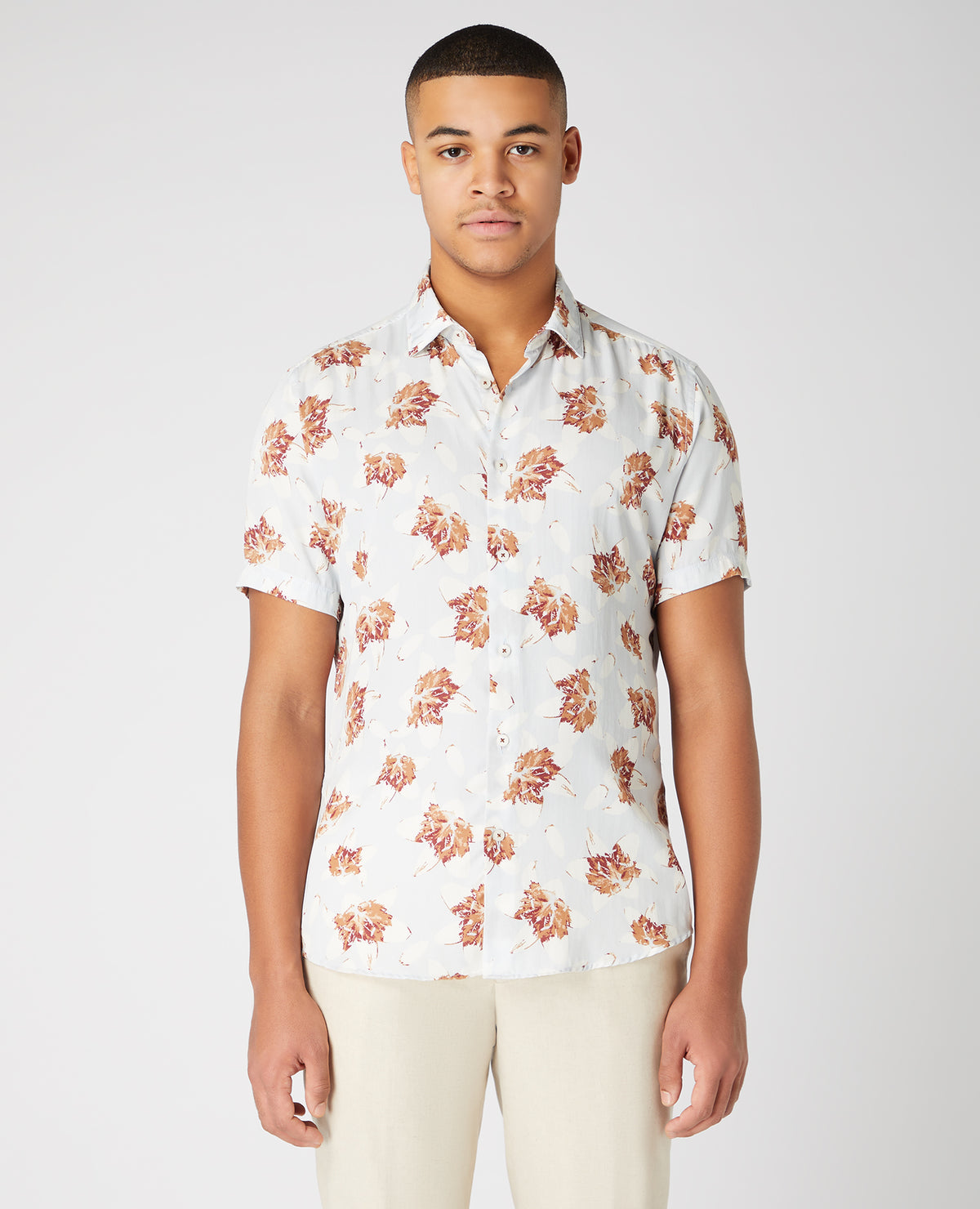 Remus Uomo Tapered Fit Leaf Print Shirt - Light Blue