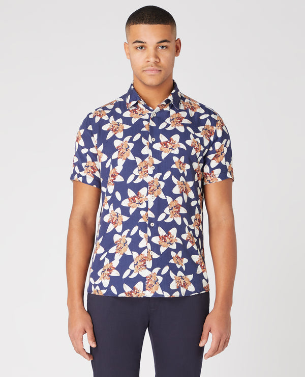 Remus Uomo Tapered Fit Floral Print Shirt - Navy