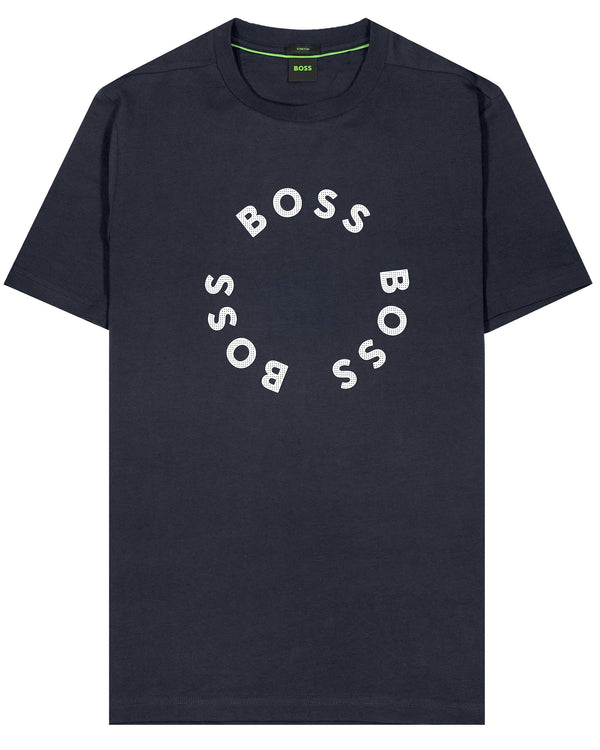 Boss Stretch-Cotton T-Shirt with Circle Logo Print - Navy