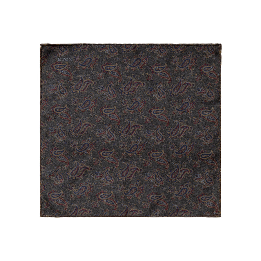 Eton Paisley Print / Floral Print Wool Pocket Square – Grey
