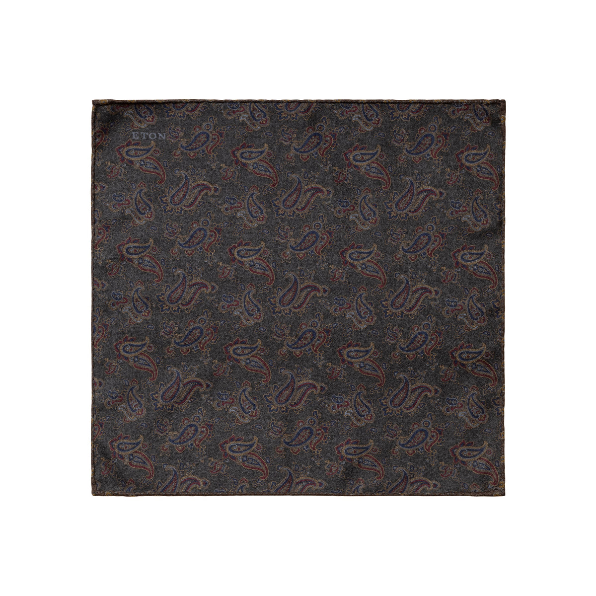 Eton Paisley Print / Floral Print Wool Pocket Square - Grey