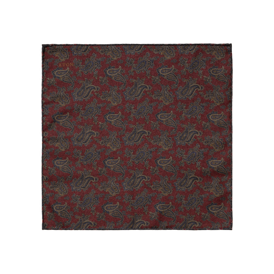 Eton Paisley Print / Floral Print Wool Pocket Square – Red